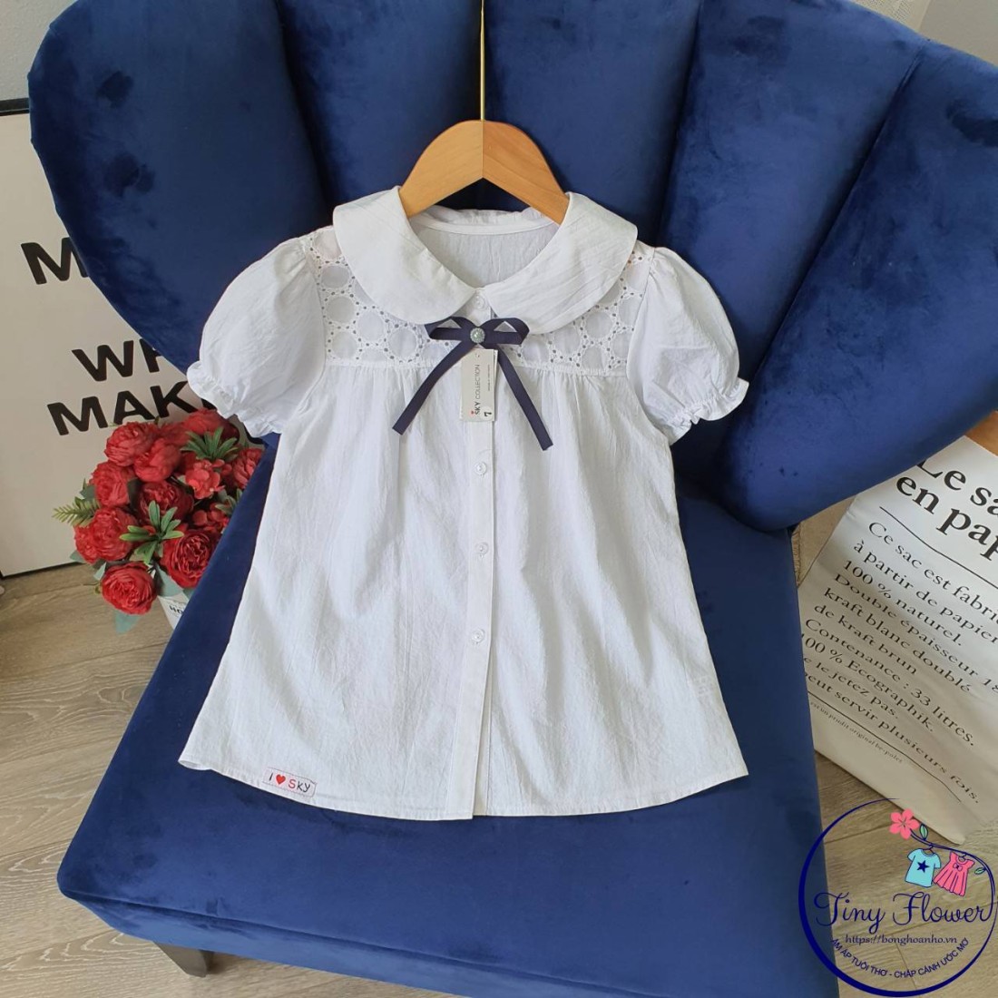 Áo sơ mi ren ngực nơ cài - chất thô cotton - size 6-10-ÁO SƠ MI CỘC TAY BÉ GÁI